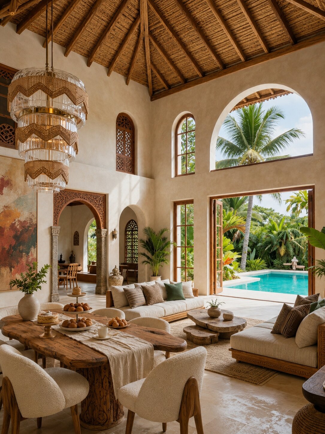 Double-height living room with arched windows, a carved timber ceiling and a pool beyond